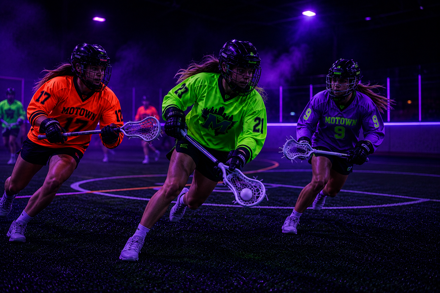 Box lacrosse action under blacklight