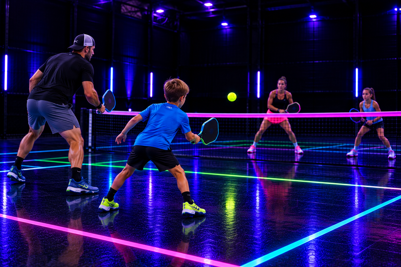 Doubles pickleball rally under blacklight