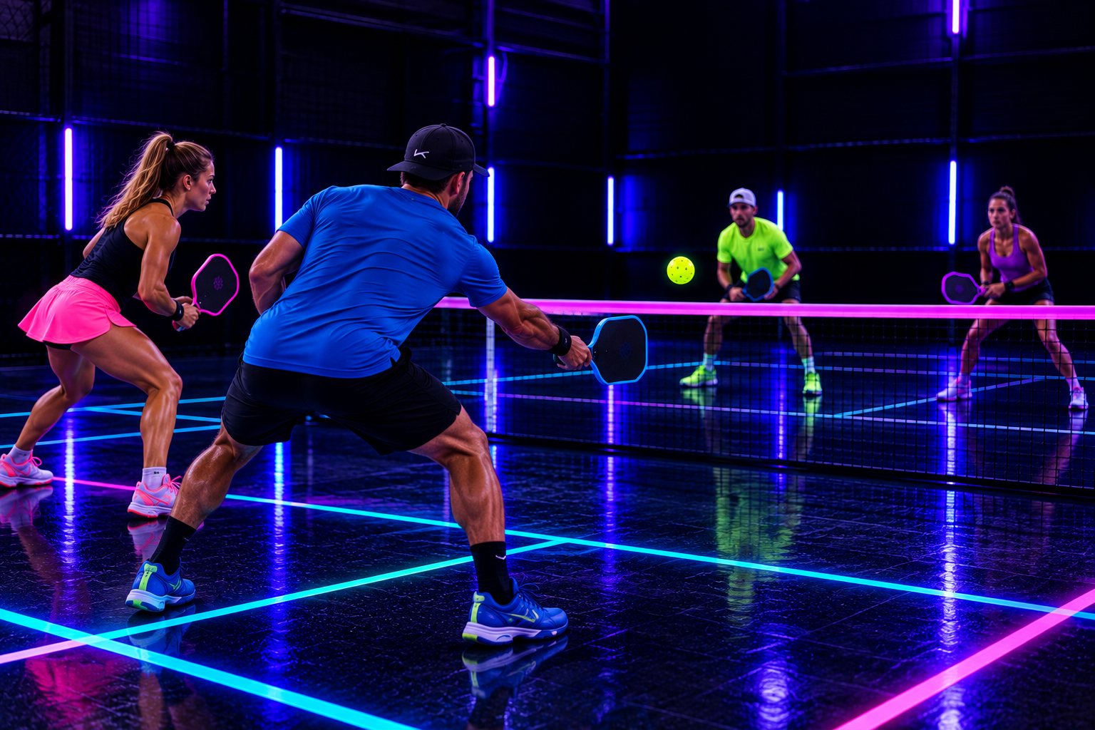 Family playing pickleball under blacklight