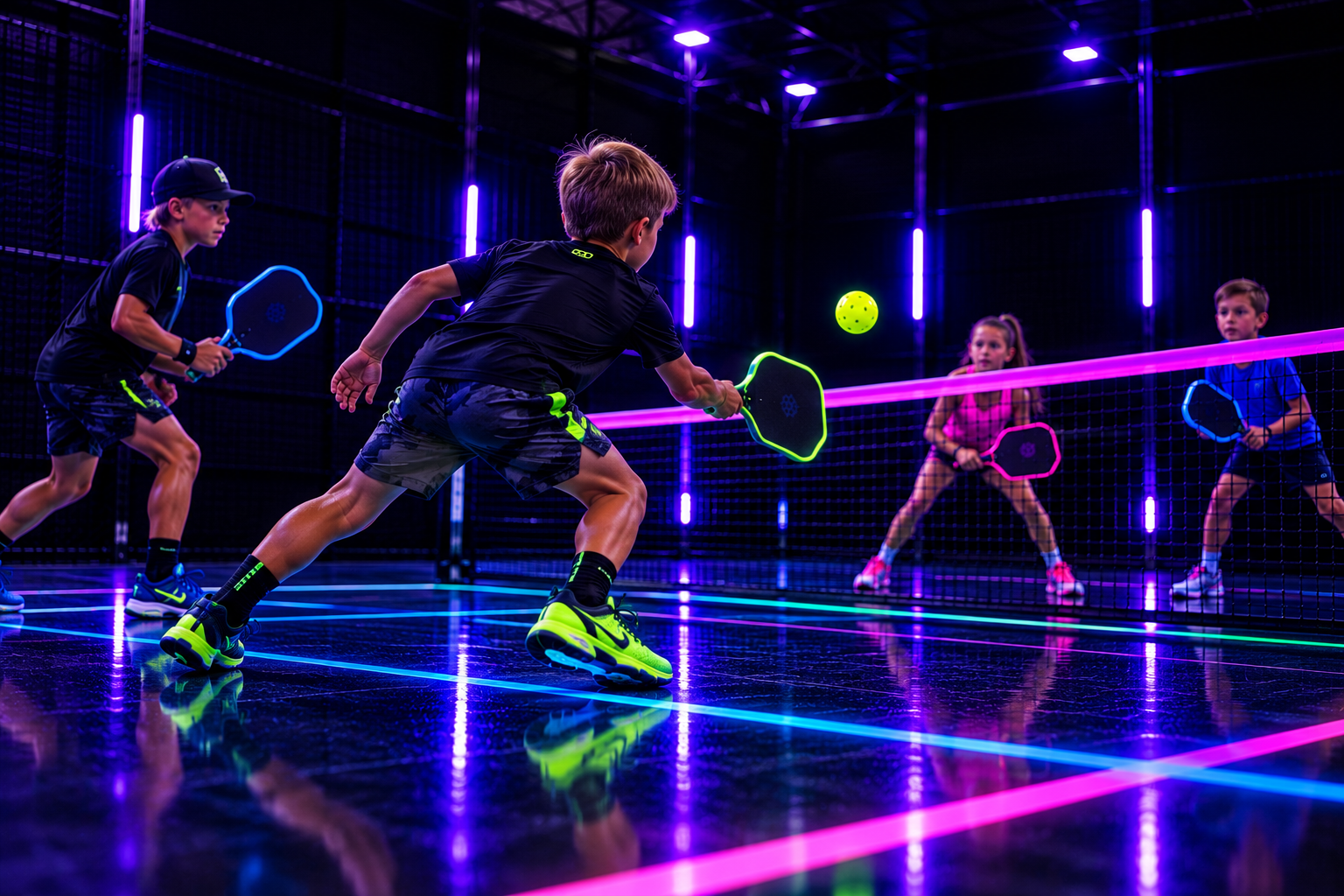 Kids playing pickleball under blacklight