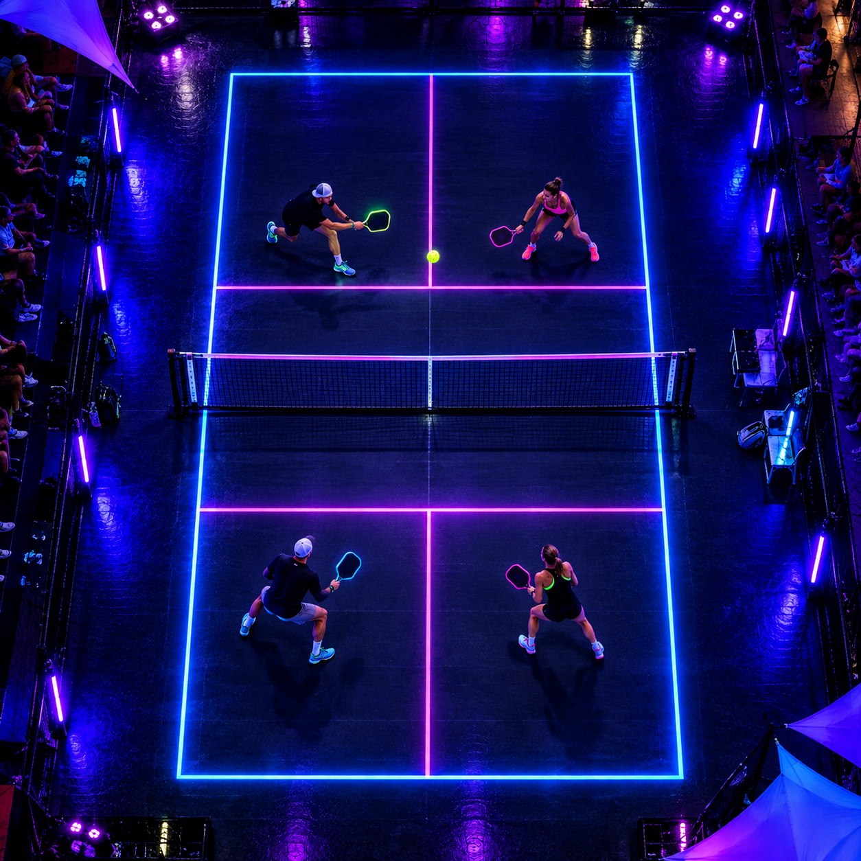 Aerial view of pickleball court under blacklight